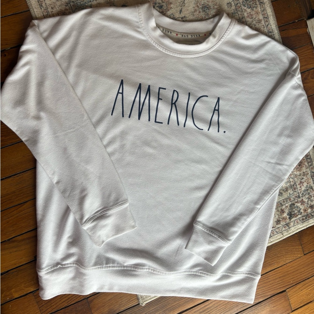 Rae Dunn White Crewneck Sweatshirt with Navy "AMERICA." Text Women’s Small